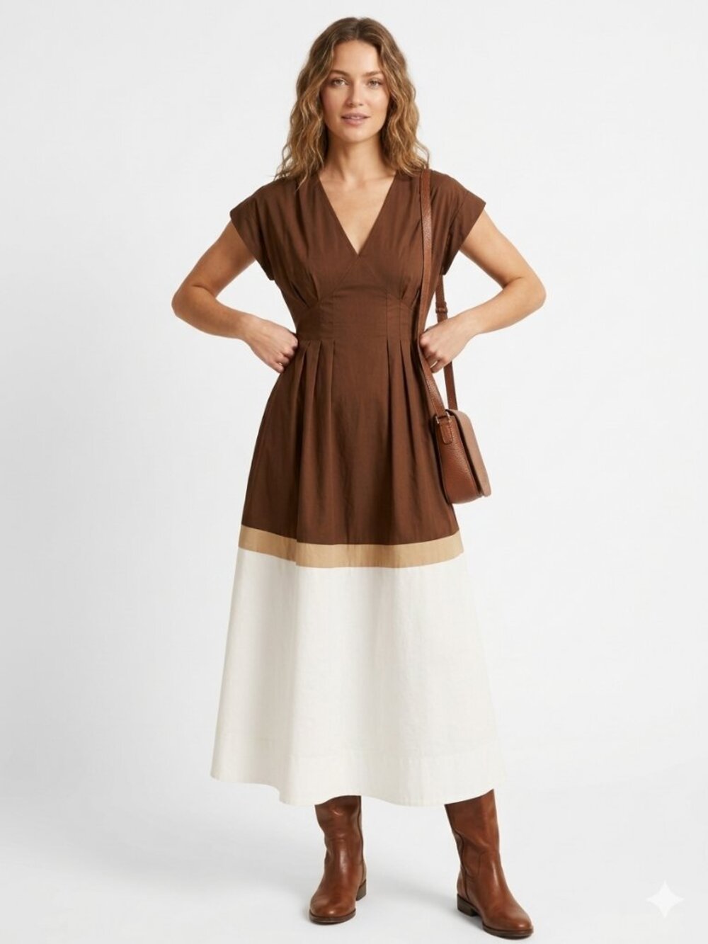 Exquise Cosima Dress Brown Colorblocking V-Neck Pockets Anthropologie 1X